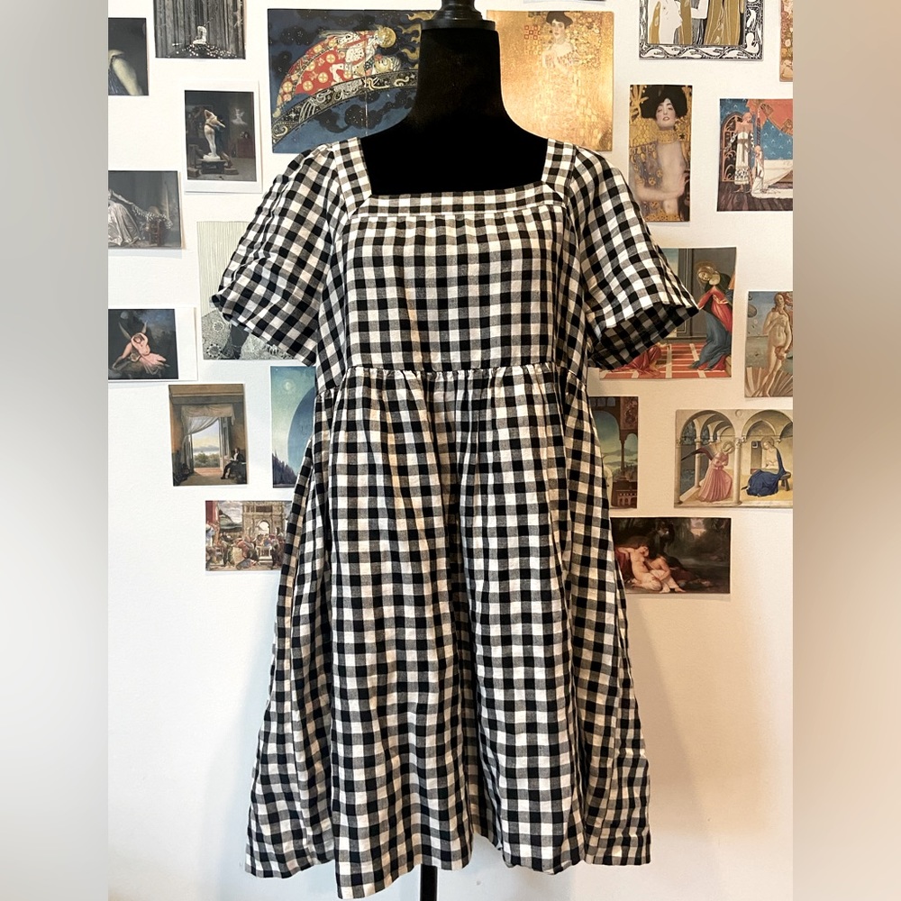 Madewell Black and White Gingham Linen Mini Empire Waist Babydoll Dress M